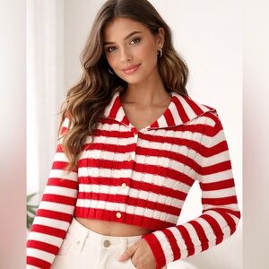 Dex Red and White Striped Knit Cardigan with Buttons